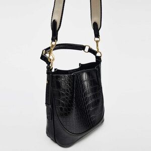 Zara NWT Black Croc-Embossed Bucket Bag
